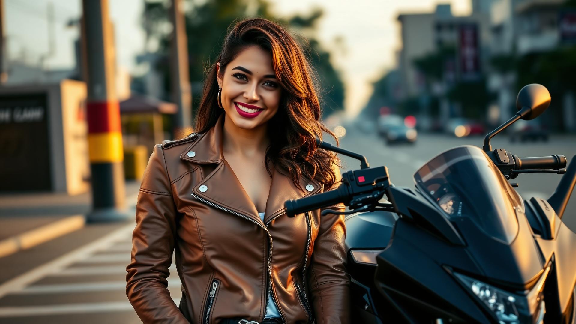 Mujer con chaqueta de motociclista sonriendo junto a una moto deportiva
